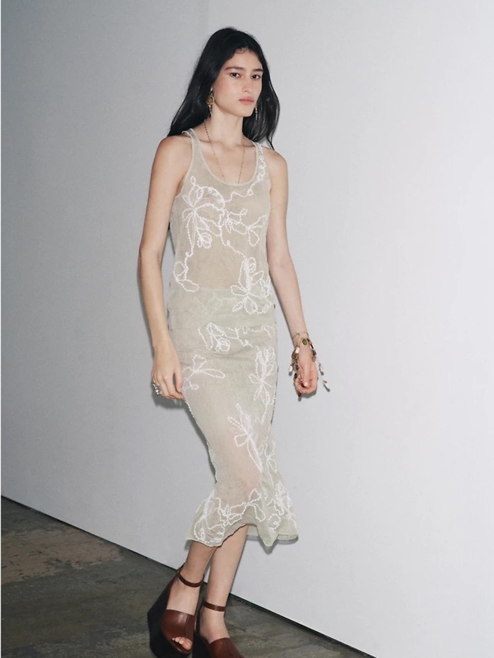 Zara - Sheer Floral Embroidered Beige Midi Skirt Set